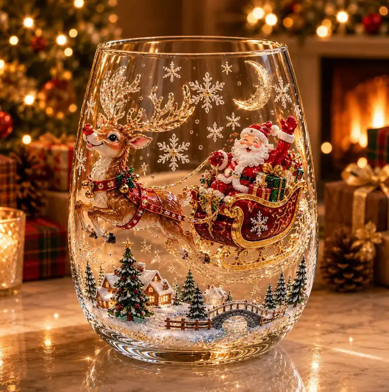 Christmas Santa sleigh 3D glass cup holiday gift