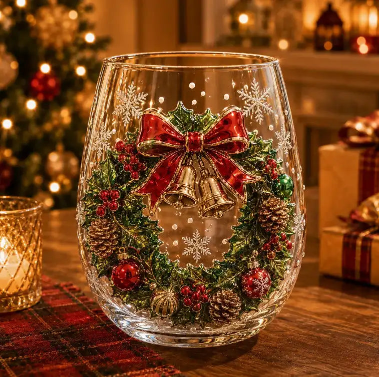 Christmas wreath glass cup with 3D holiday decoration