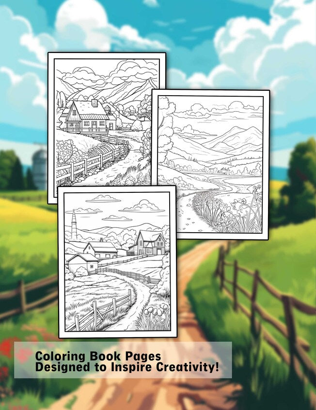 Countryside Landscapes 30 Pages Printable Coloring Book