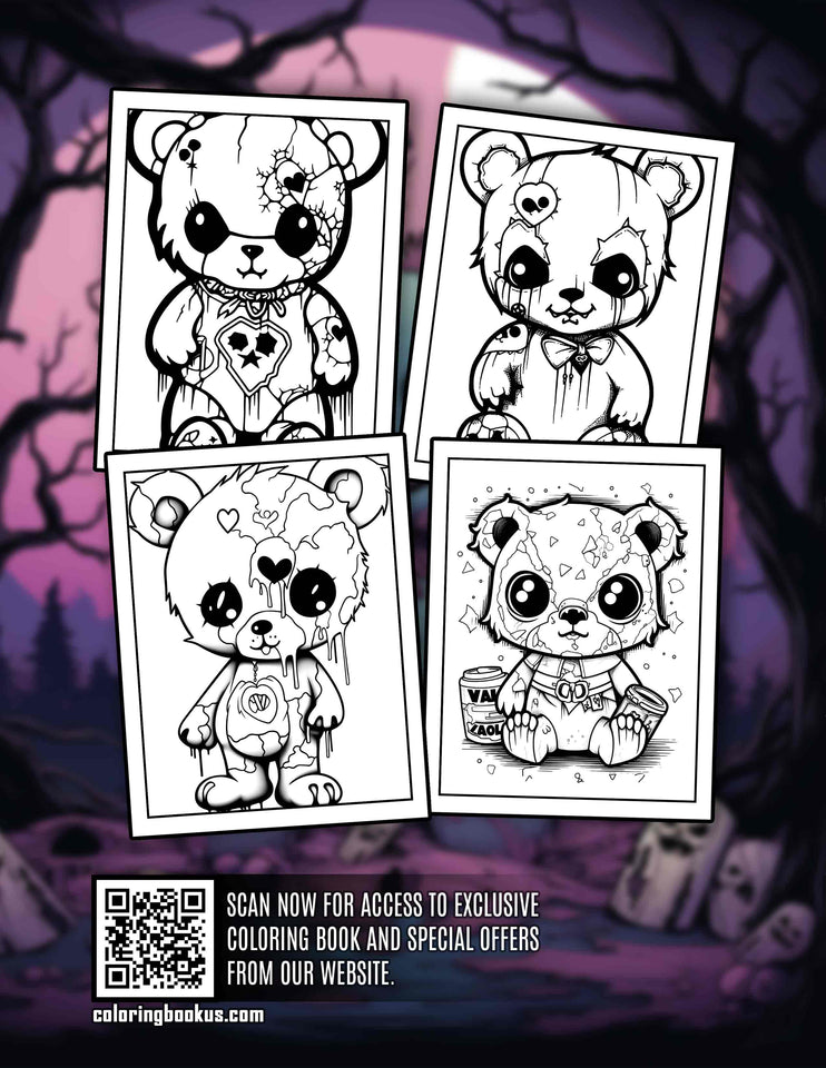 Creepy Kawaii Teddy Bear 30 Pages Printable Coloring Book