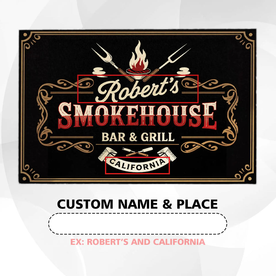 Personalized Smokehouse Doormat – Custom Name & Place BBQ Mat