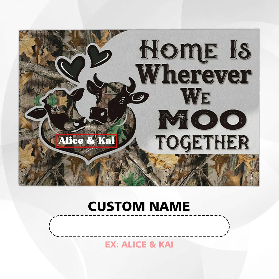 Personalized Camo Cow Doormat – Custom Couple Names Farm Mat