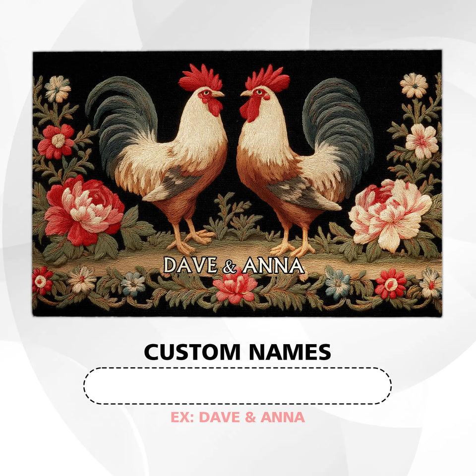 Personalized Rooster Couple Doormat – Custom Names Floral Farm Mat
