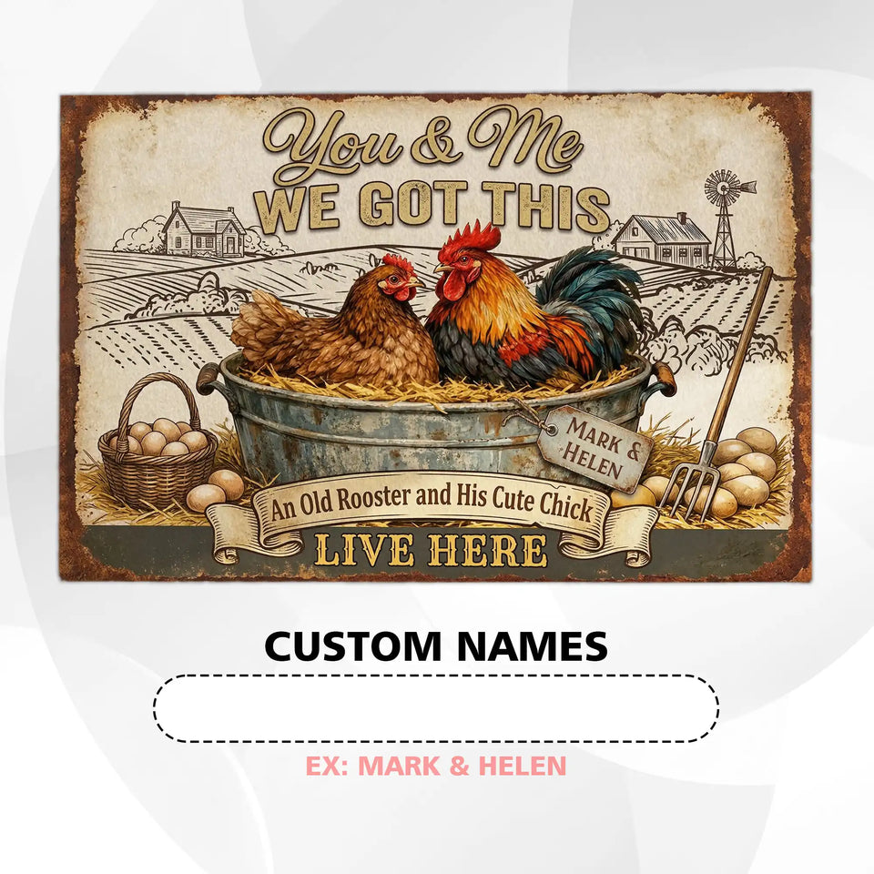 Personalized Rooster & Hen Couple Doormat – Custom Names Farm Mat