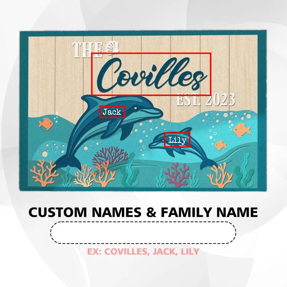 Personalized Dolphin Family Doormat – Custom Names Ocean Mat