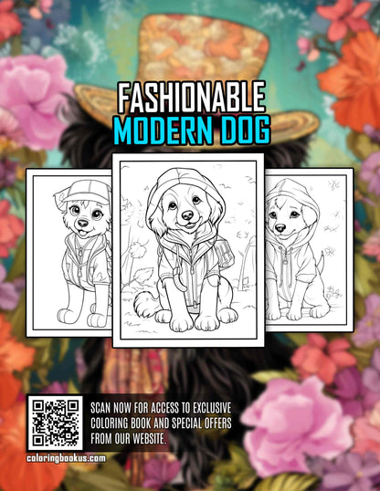 Fashionable Modern Dog 30 Pages Printable Coloring Book