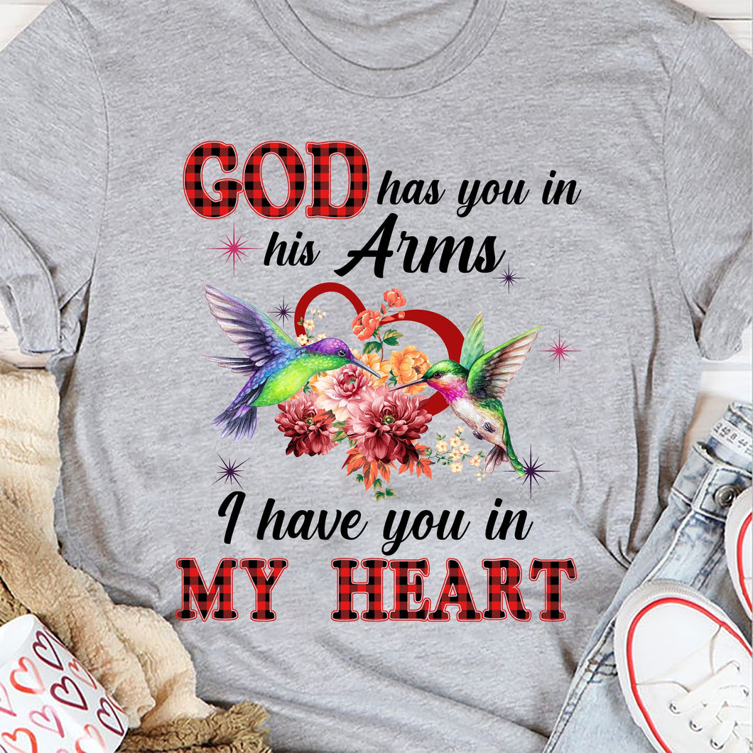 Hummingbird couple, heart shape, God has you in his arm, I have you in my heart - Heaven Apparel