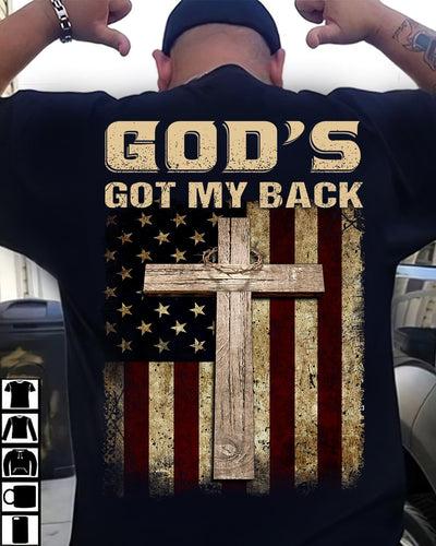 God's got my back, The wooden cross, Us flag - Jesus Back-printed Apparel