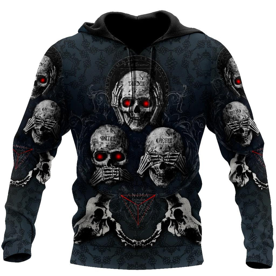 Unisex Hoodie All Over Print Skull Gifts Hear No Evil, See No Evil, Speak No Evil Skulls Unisex Hoodie