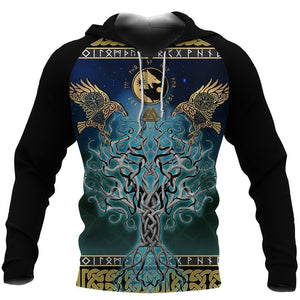 Unisex Hoodie All Over Print Viking Gifts Viking Tree Of Life Fenrir Skoll And Hati Raven Rune Unisex Hoodie