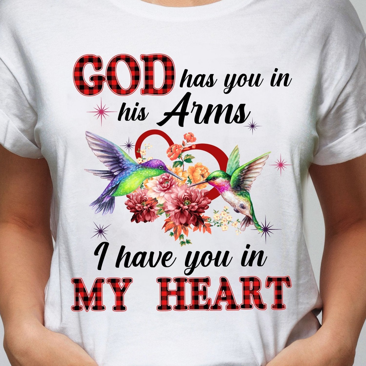 Hummingbird couple, heart shape, God has you in his arm, I have you in my heart - Heaven Apparel