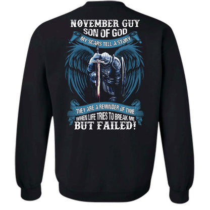 November Guy, Son of God, Knight with angel wings, My scars tell a story - Jesus Back-printed Apparel