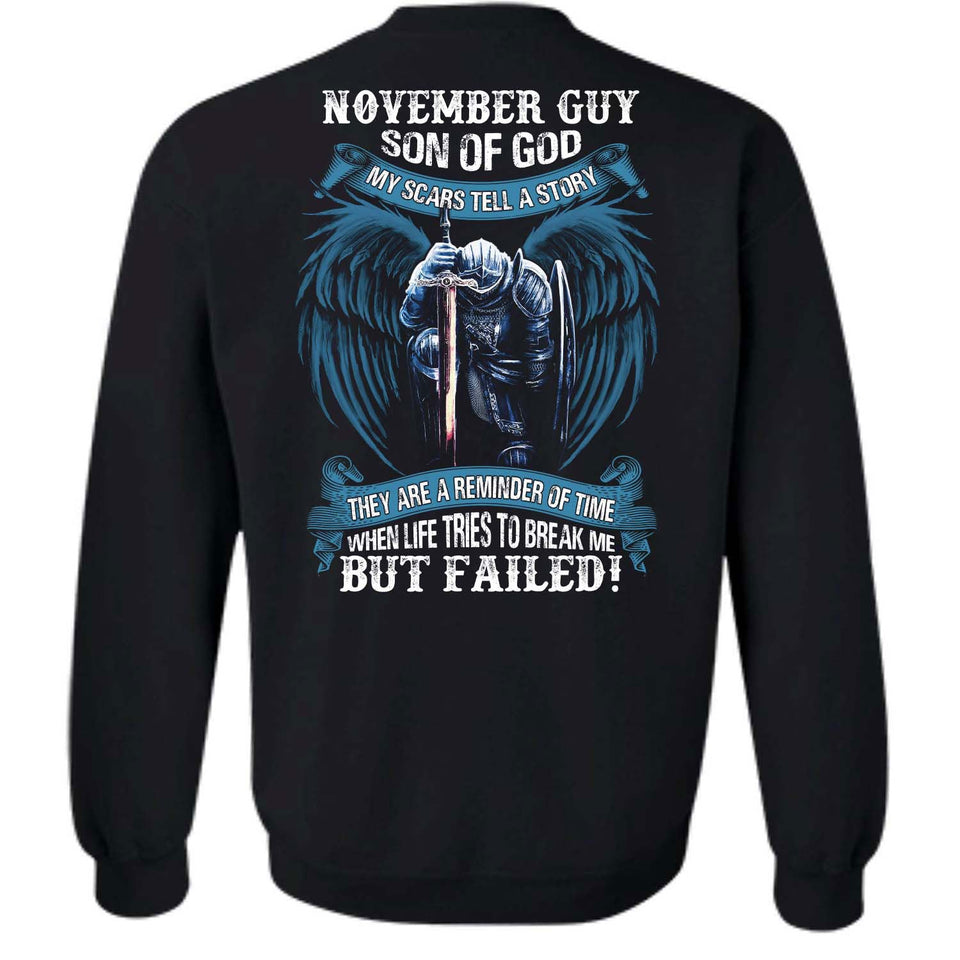 November Guy, Son of God, Knight with angel wings, My scars tell a story - Jesus Back-printed Apparel