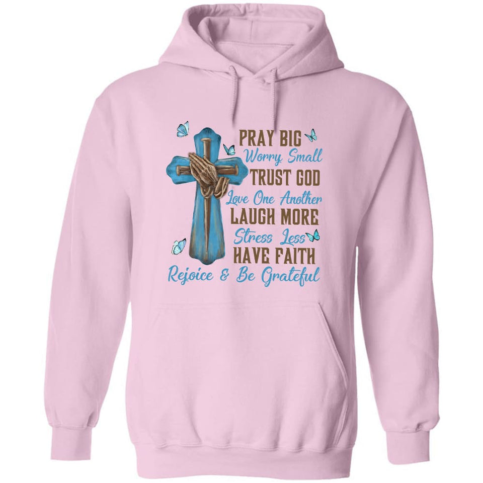 Praying hands, Wood cross, Blue Butterfly, Pray big worry small - Jesus Apparel