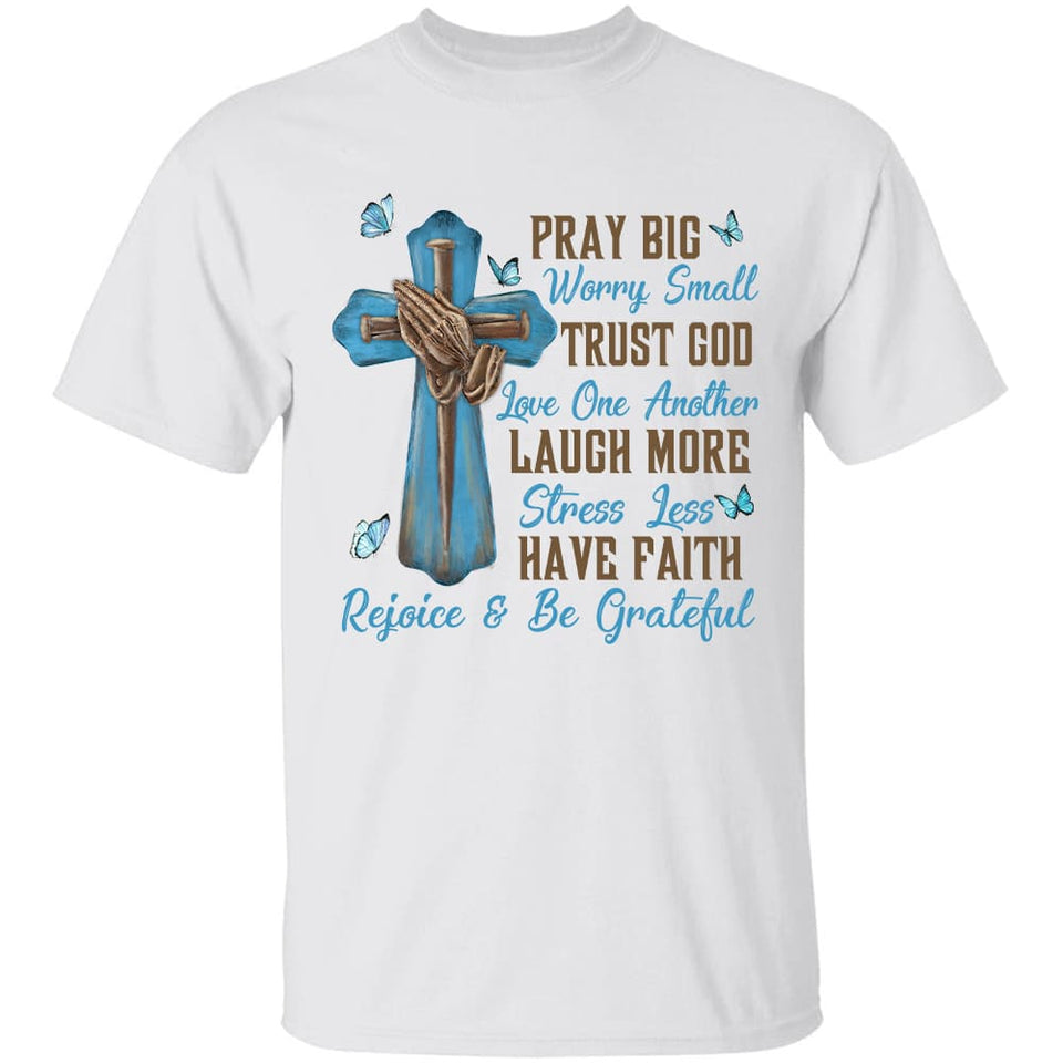 Praying hands, Wood cross, Blue Butterfly, Pray big worry small - Jesus Apparel