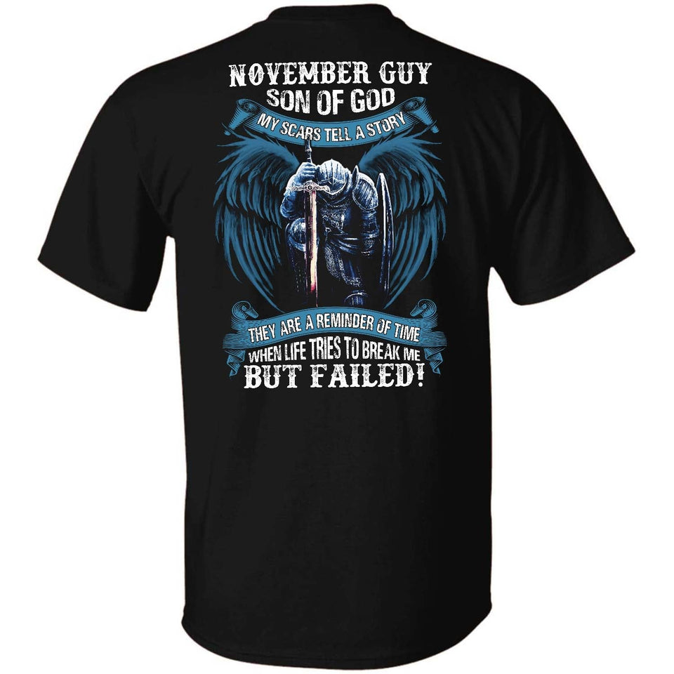 November Guy, Son of God, Knight with angel wings, My scars tell a story - Jesus Back-printed Apparel