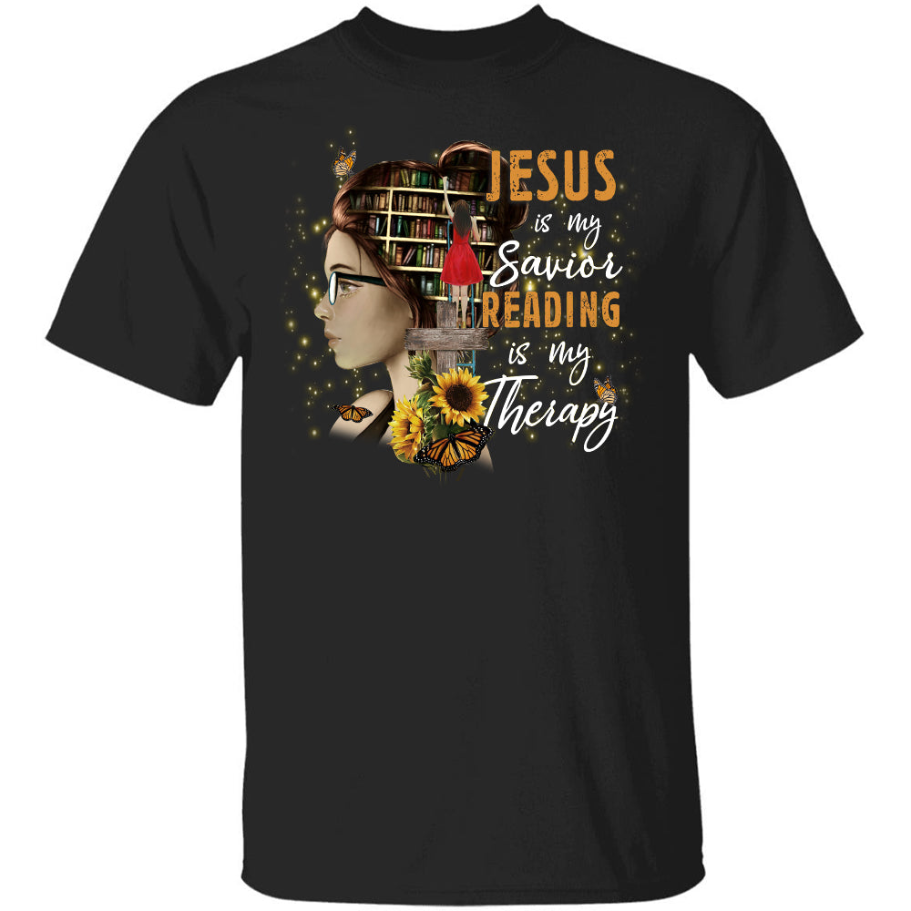 Beautiful girl, In the library, Jesus is my savior, Reading is my therapy - Jesus Apparel