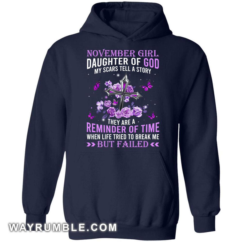 November Girl, Daughter of God, Purple Roses and silver cross - Jesus Apparel