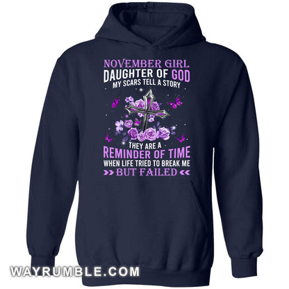 November Girl, Daughter of God, Purple Roses and silver cross - Jesus Apparel