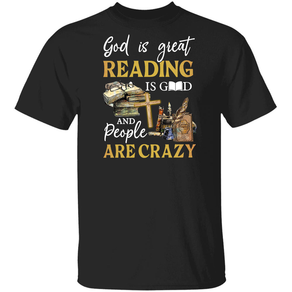 Old books, Wooden cross, God is great, Reading is Good and people are crazy - Jesus Apparel