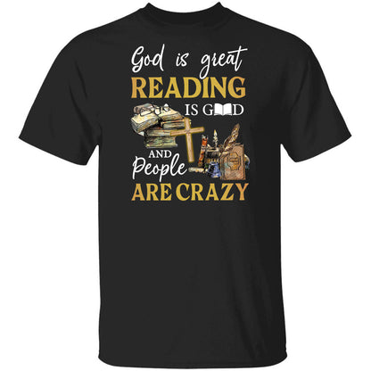 Old books, Wooden cross, God is great, Reading is Good and people are crazy - Jesus Apparel