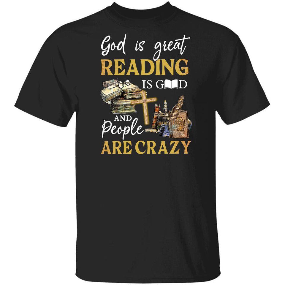 Old books, Wooden cross, God is great, Reading is Good and people are crazy - Jesus Apparel
