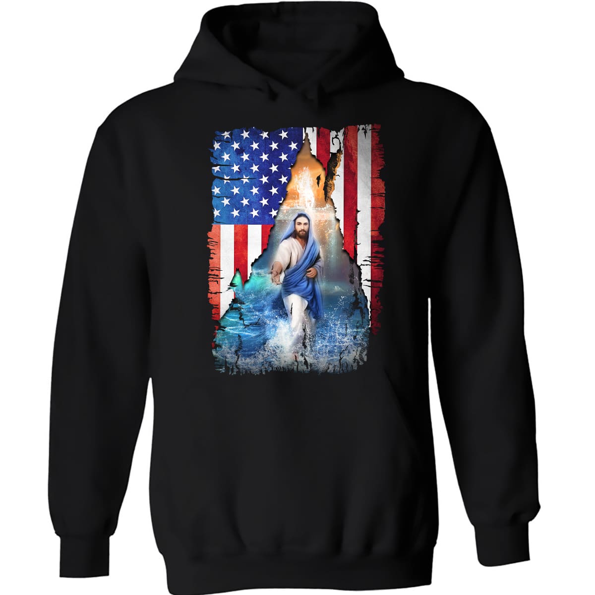 Us flag, Jesus walks on water, Holding Jesus's hand - Jesus Apparel