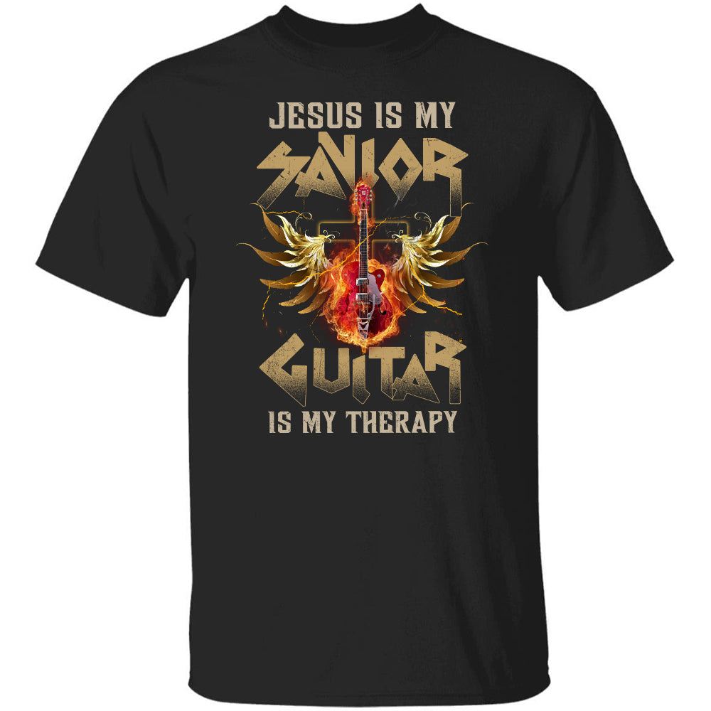 Rock, Guitar on fire, Jesus is my savior, Guitar is my therapy - Jesus Apparel