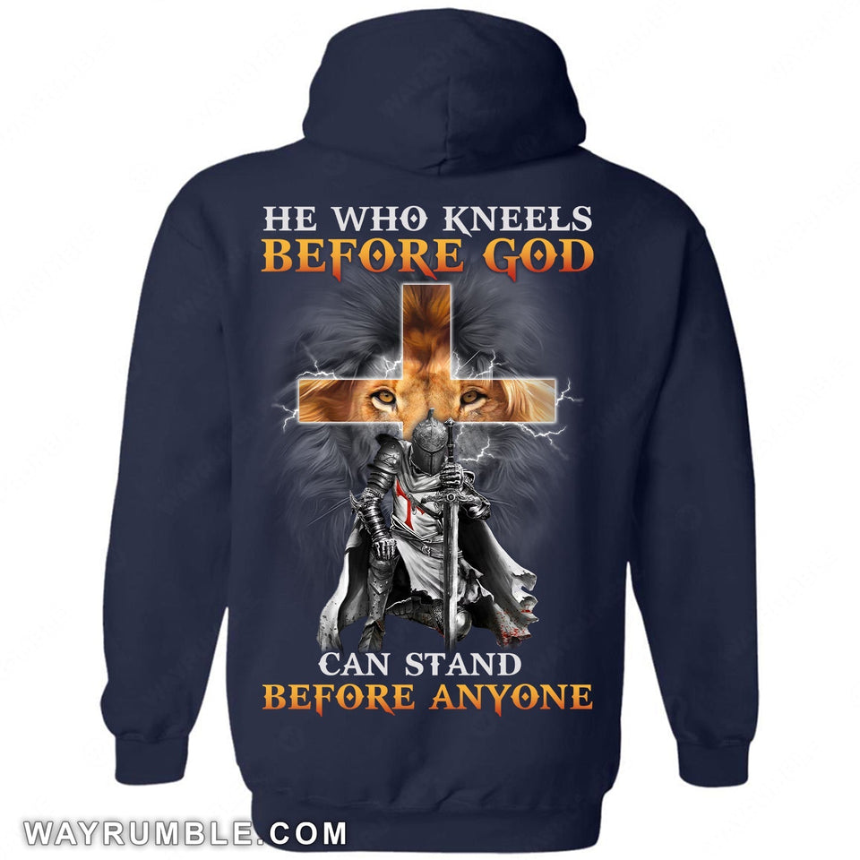 Mighty warrior, Lion king, Golden cross, He who kneels before God can stand before anyone - Jesus Back-printed Apparel