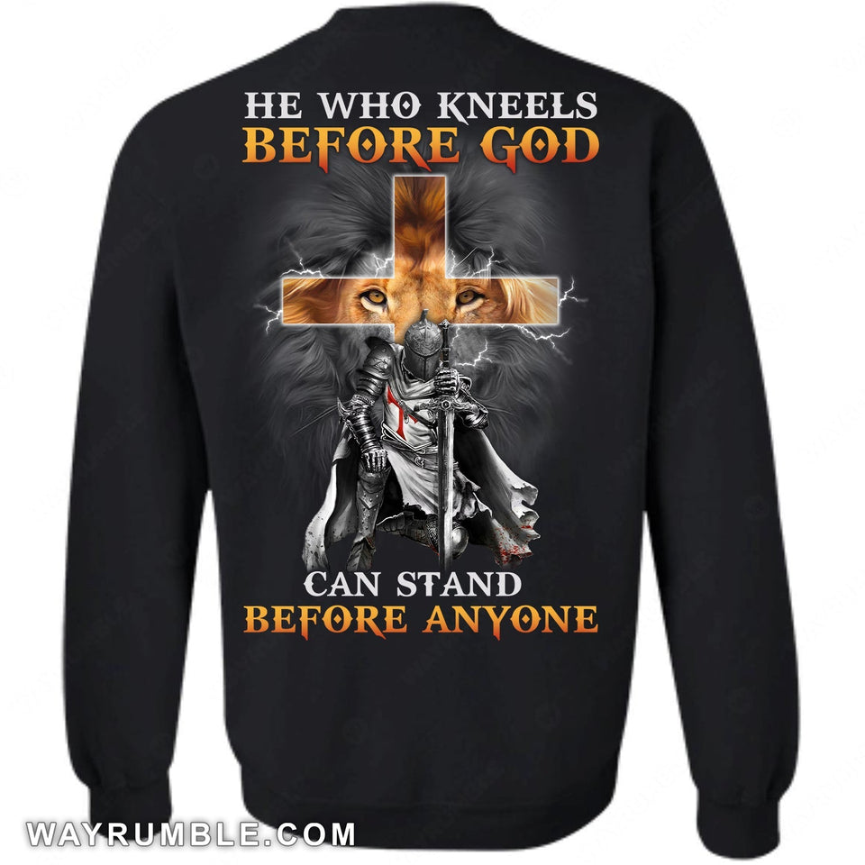 Mighty warrior, Lion king, Golden cross, He who kneels before God can stand before anyone - Jesus Back-printed Apparel