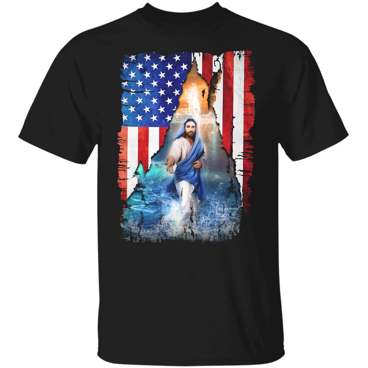 Us flag, Jesus walks on water, Holding Jesus's hand - Jesus Apparel