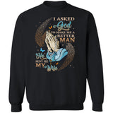 Praying hands, Angel wings, I asked God to make me a better man, He sent me my wife - Jesus Apparel
