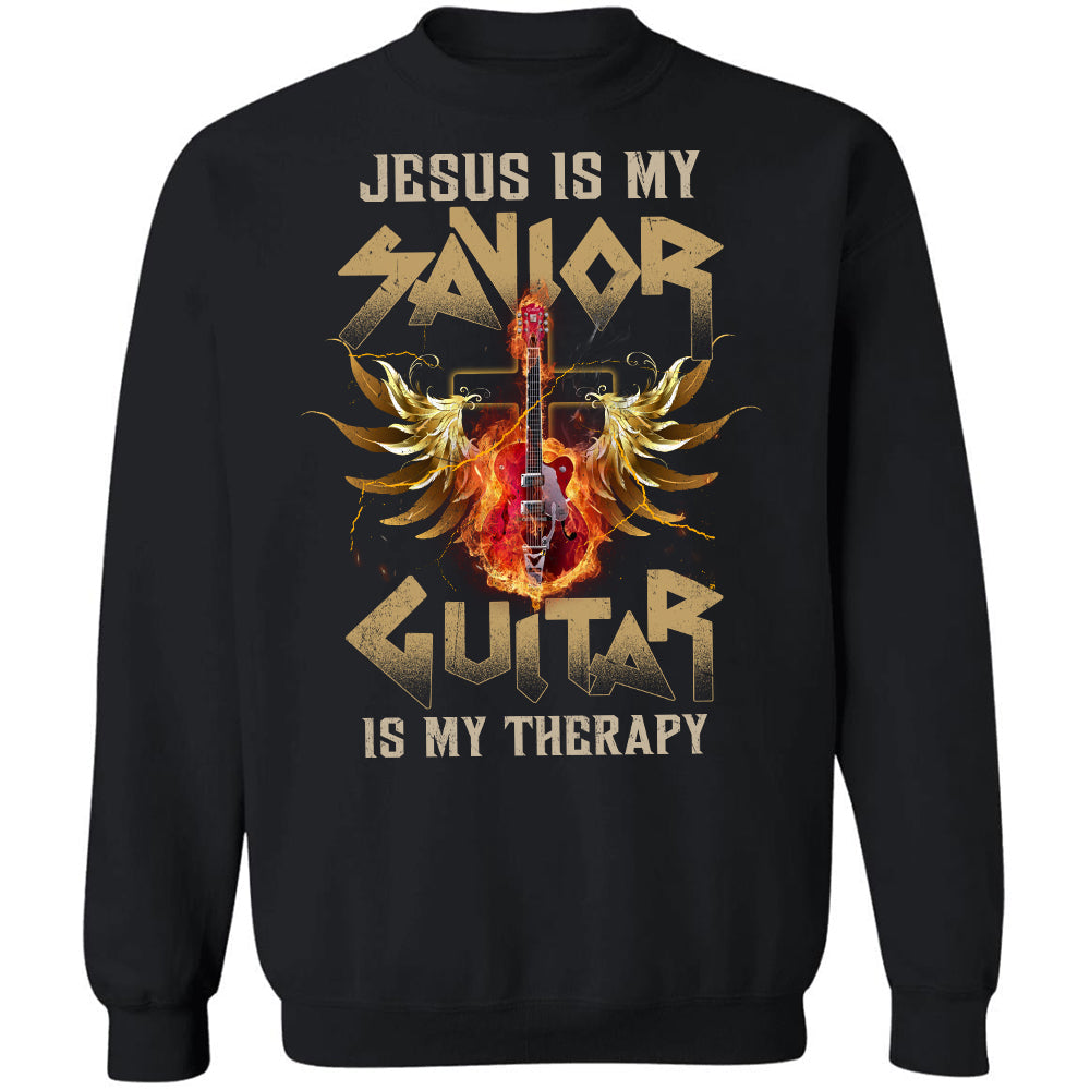 Rock, Guitar on fire, Jesus is my savior, Guitar is my therapy - Jesus Apparel
