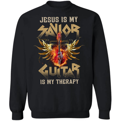Rock, Guitar on fire, Jesus is my savior, Guitar is my therapy - Jesus Apparel