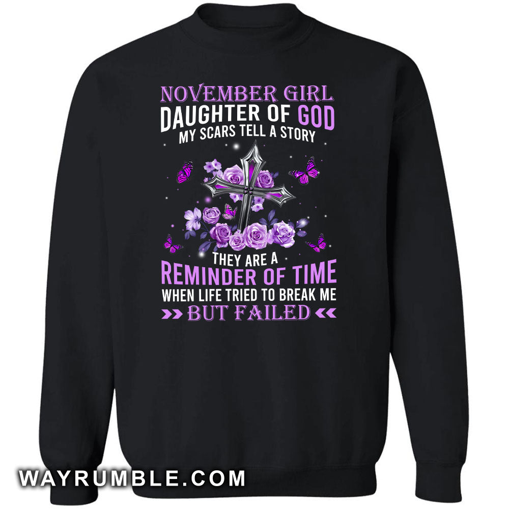 November Girl, Daughter of God, Purple Roses and silver cross - Jesus Apparel