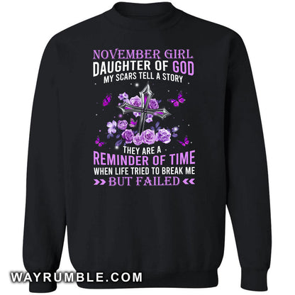 November Girl, Daughter of God, Purple Roses and silver cross - Jesus Apparel