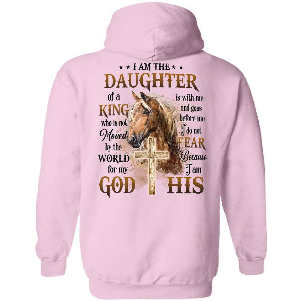 I am the daughter of a King, Brown horse, Wooden cross - Jesus Back- printed Apparel