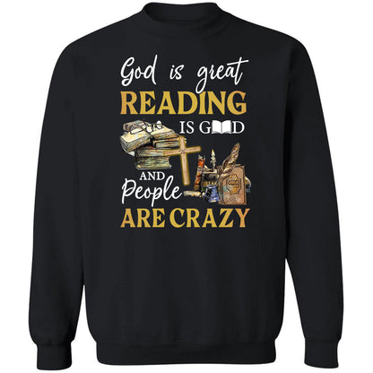 Old books, Wooden cross, God is great, Reading is Good and people are crazy - Jesus Apparel