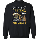 Old books, Wooden cross, God is great, Reading is Good and people are crazy - Jesus Apparel