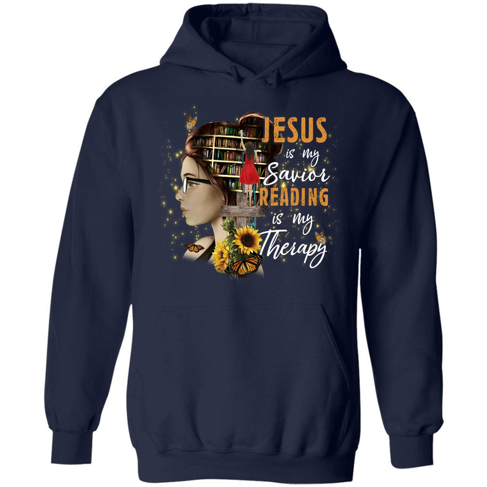 Beautiful girl, In the library, Jesus is my savior, Reading is my therapy - Jesus Apparel