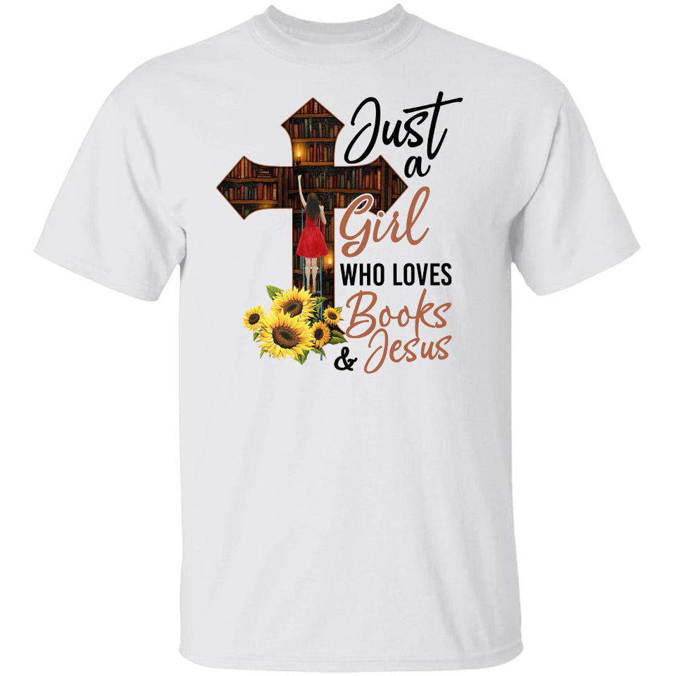 In the library, Beautiful girl, Just a girl who loves books and Jesus - Jesus Apparel