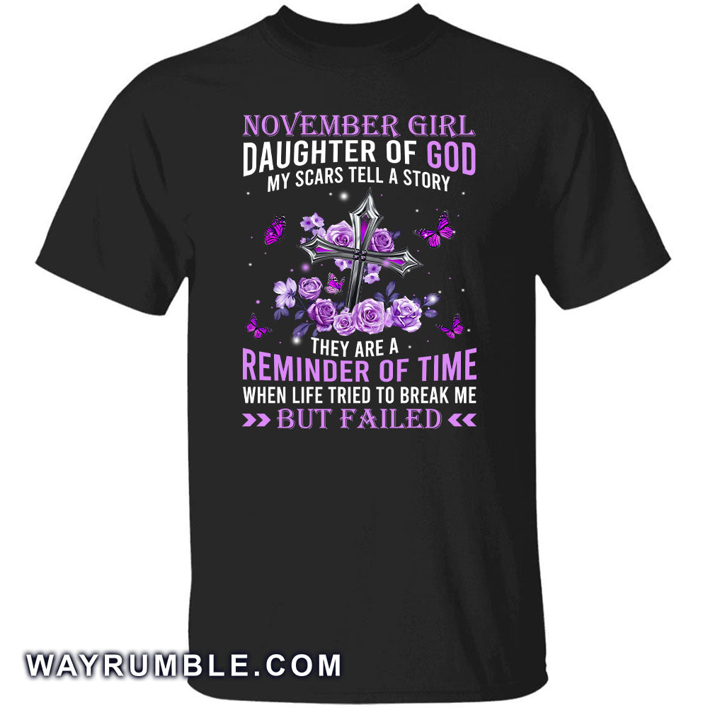 November Girl, Daughter of God, Purple Roses and silver cross - Jesus Apparel