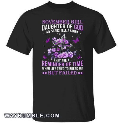 November Girl, Daughter of God, Purple Roses and silver cross - Jesus Apparel