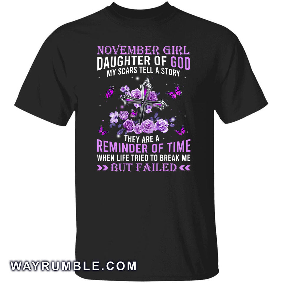 November Girl, Daughter of God, Purple Roses and silver cross - Jesus Apparel