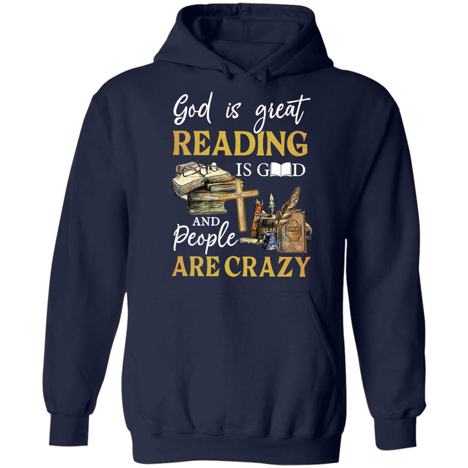 Old books, Wooden cross, God is great, Reading is Good and people are crazy - Jesus Apparel