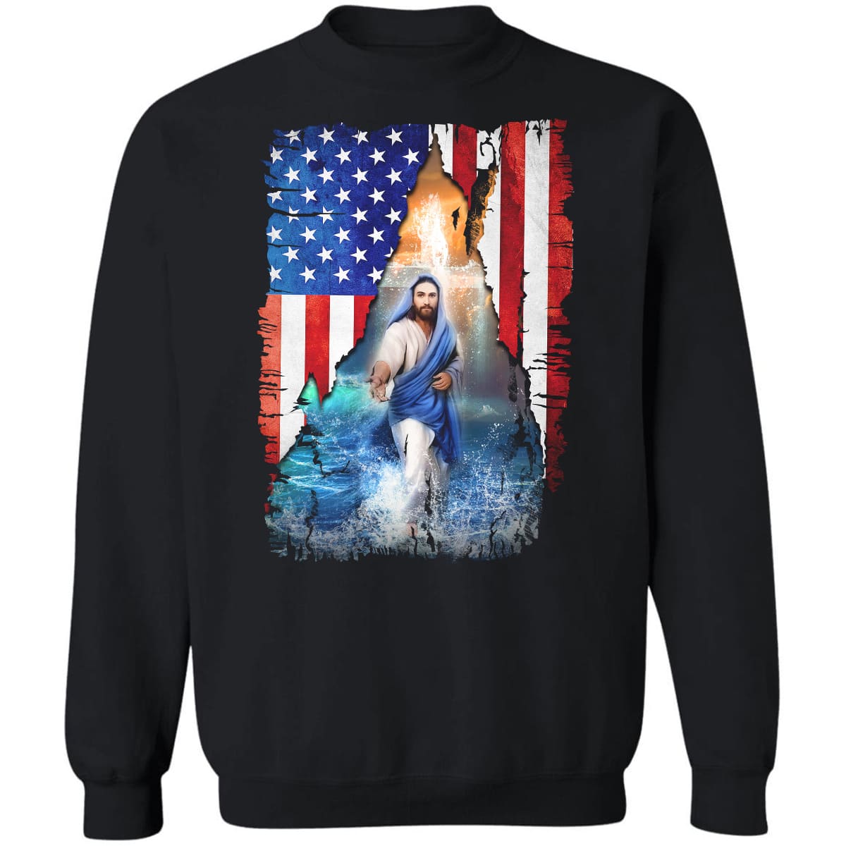 Us flag, Jesus walks on water, Holding Jesus's hand - Jesus Apparel