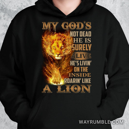 Lion of Judah, The lion of fire, My God is not dead, He's living on the inside, Roaring like a lion - Jesus Apparel