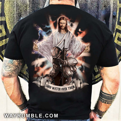 Jesus painting, Veteran in the arms of God, Lord watch over them - Jesus Back-printed Apparel