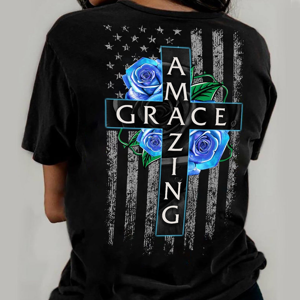Jesus - Blue rose and Cross - Amazing Grace - Back-printed Apparel