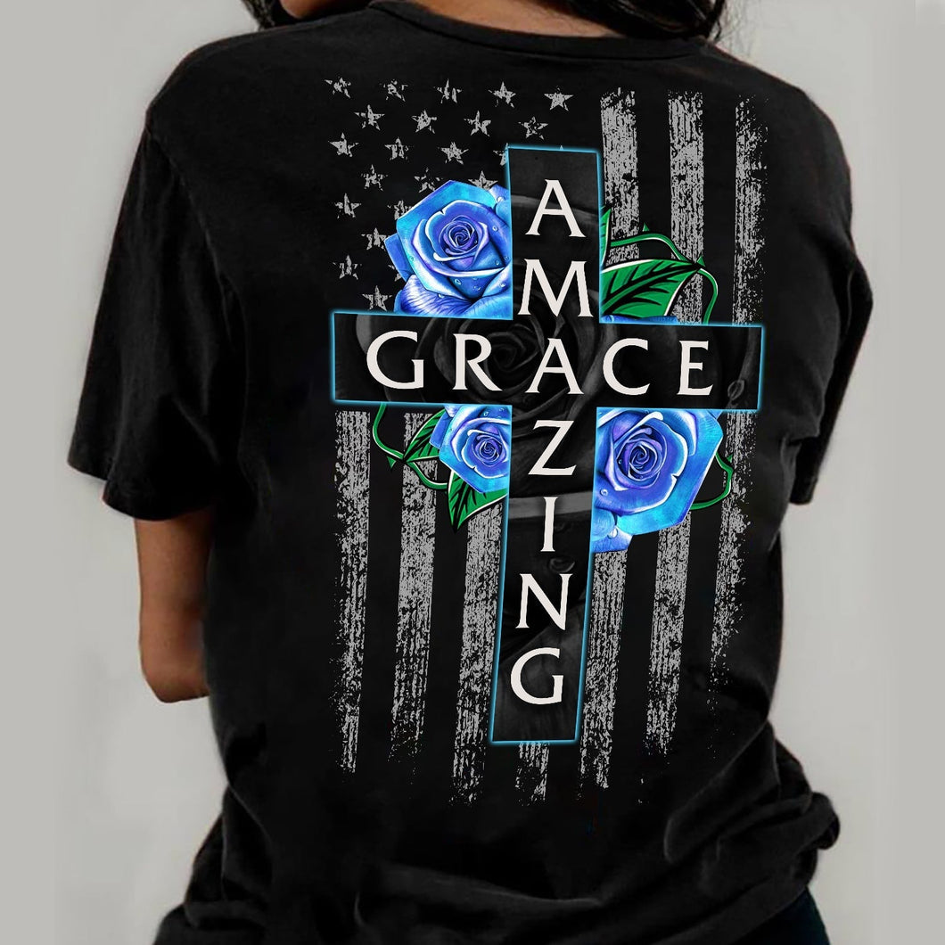 Jesus - Blue rose and Cross - Amazing Grace - Back-printed Apparel